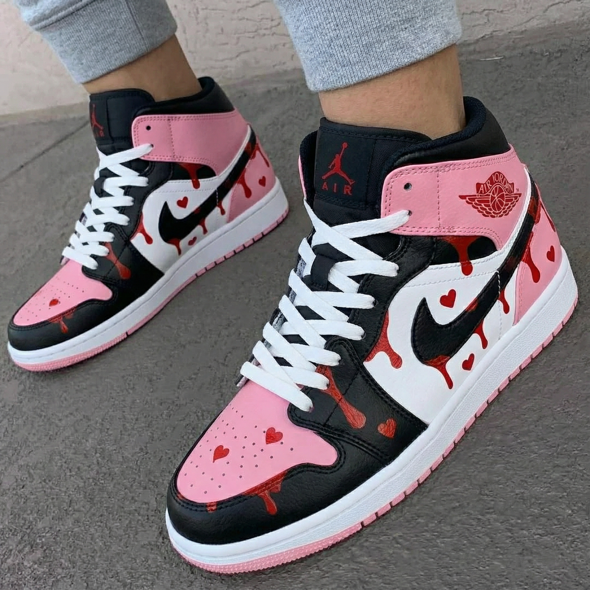 Baby Pink Black Heart Drip Custom AJ 1s Shoes