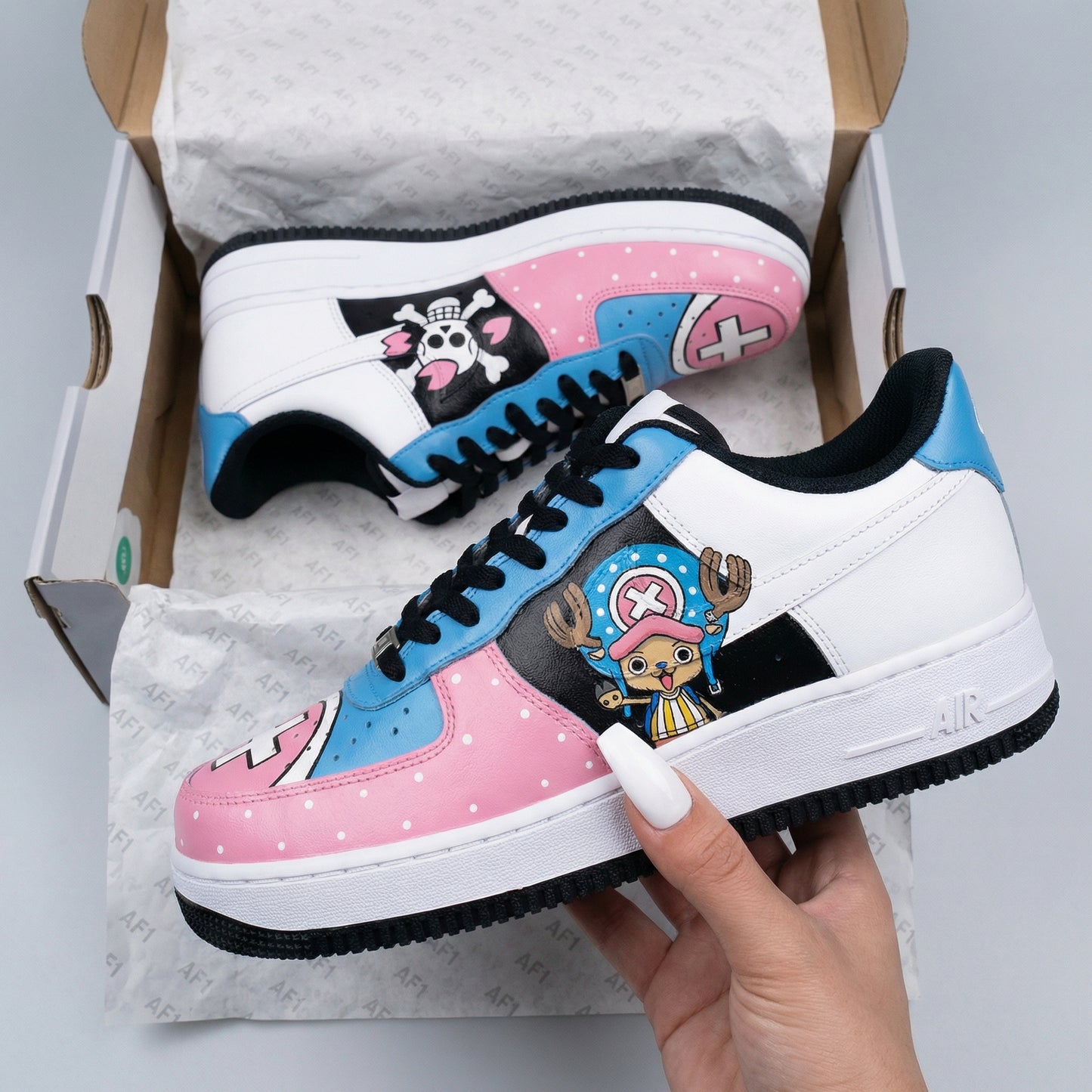 Baby Pink Blue Black One Piece Chopper Skull Pattern Custom AF 1s Shoes