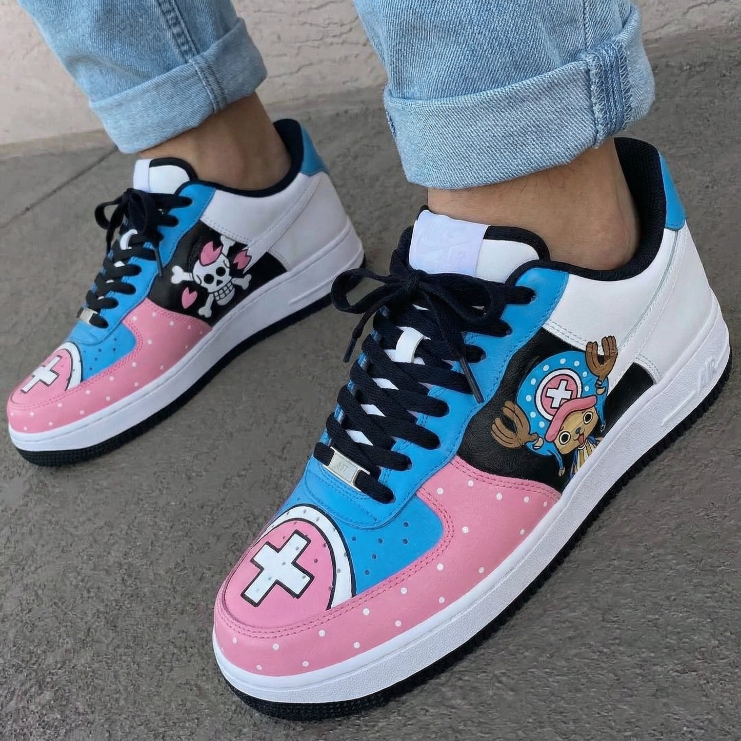 Baby Pink Blue Black One Piece Chopper Skull Pattern Custom AF 1s Shoes