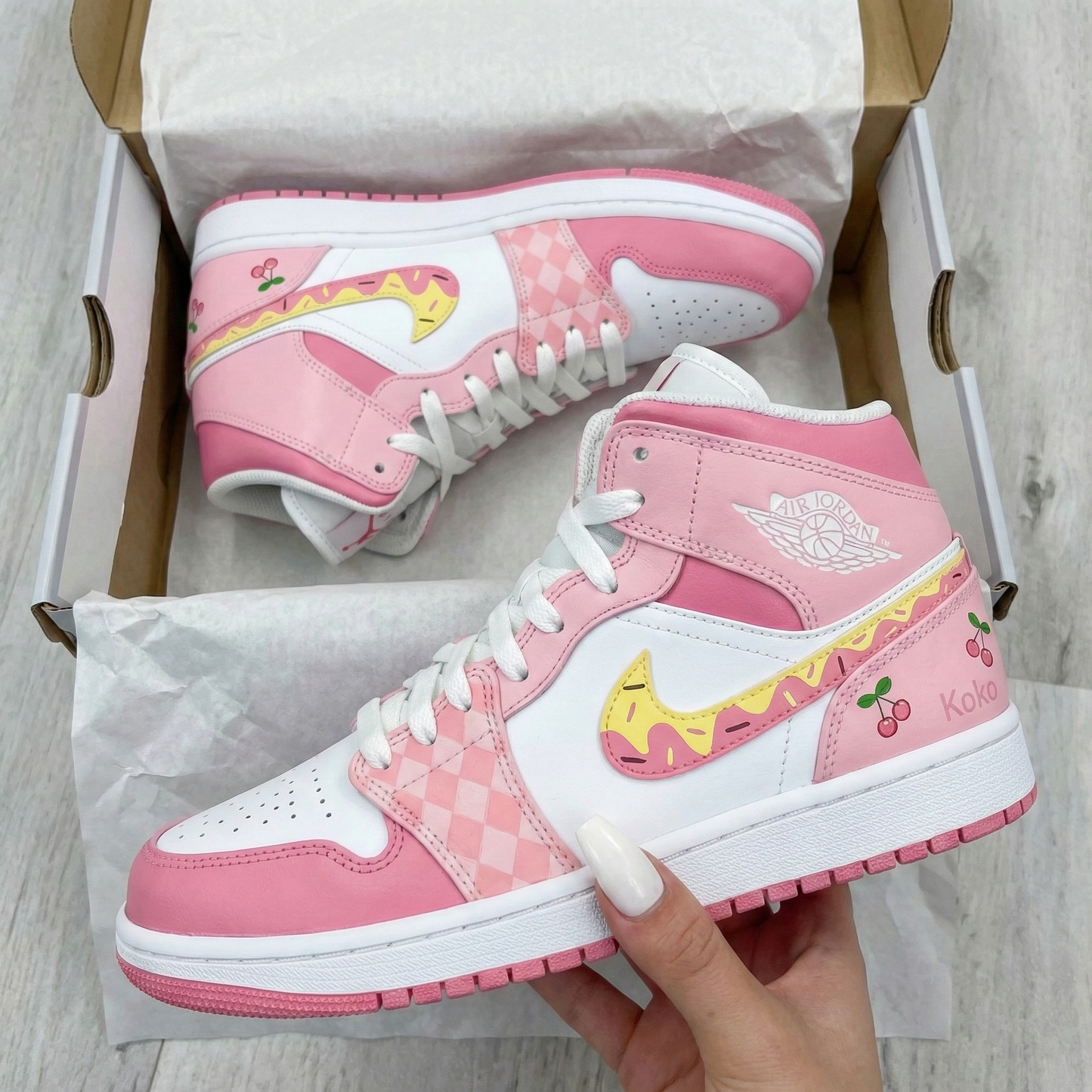 Baby Pink Checkerboard Cherries Custom AJ 1s Shoes