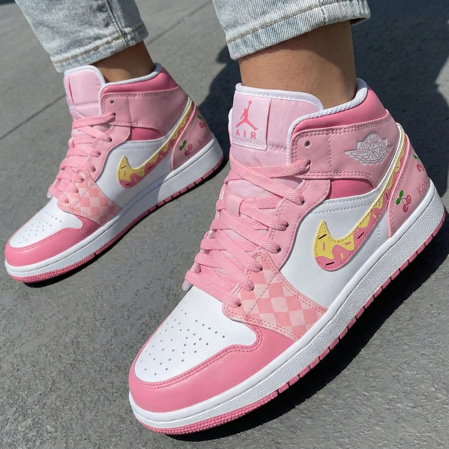 Baby Pink Checkerboard Cherries Custom AJ 1s Shoes