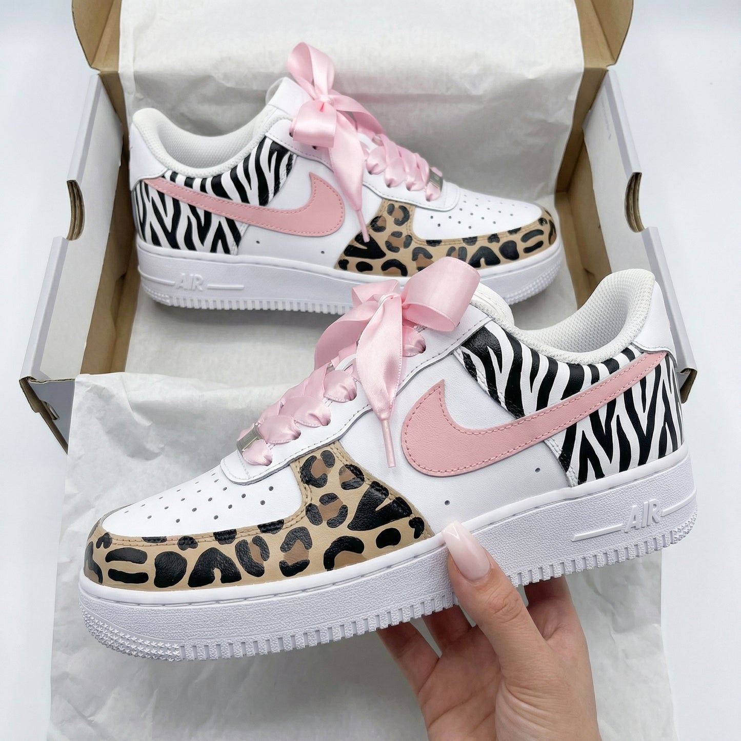 Baby Pink Leopard Zebra Print Pink Ribbon Laces Custom AF 1s Shoes