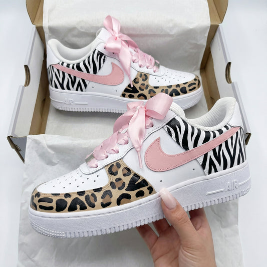 Baby Pink Leopard Zebra Print Pink Ribbon Laces Custom AF 1s Shoes