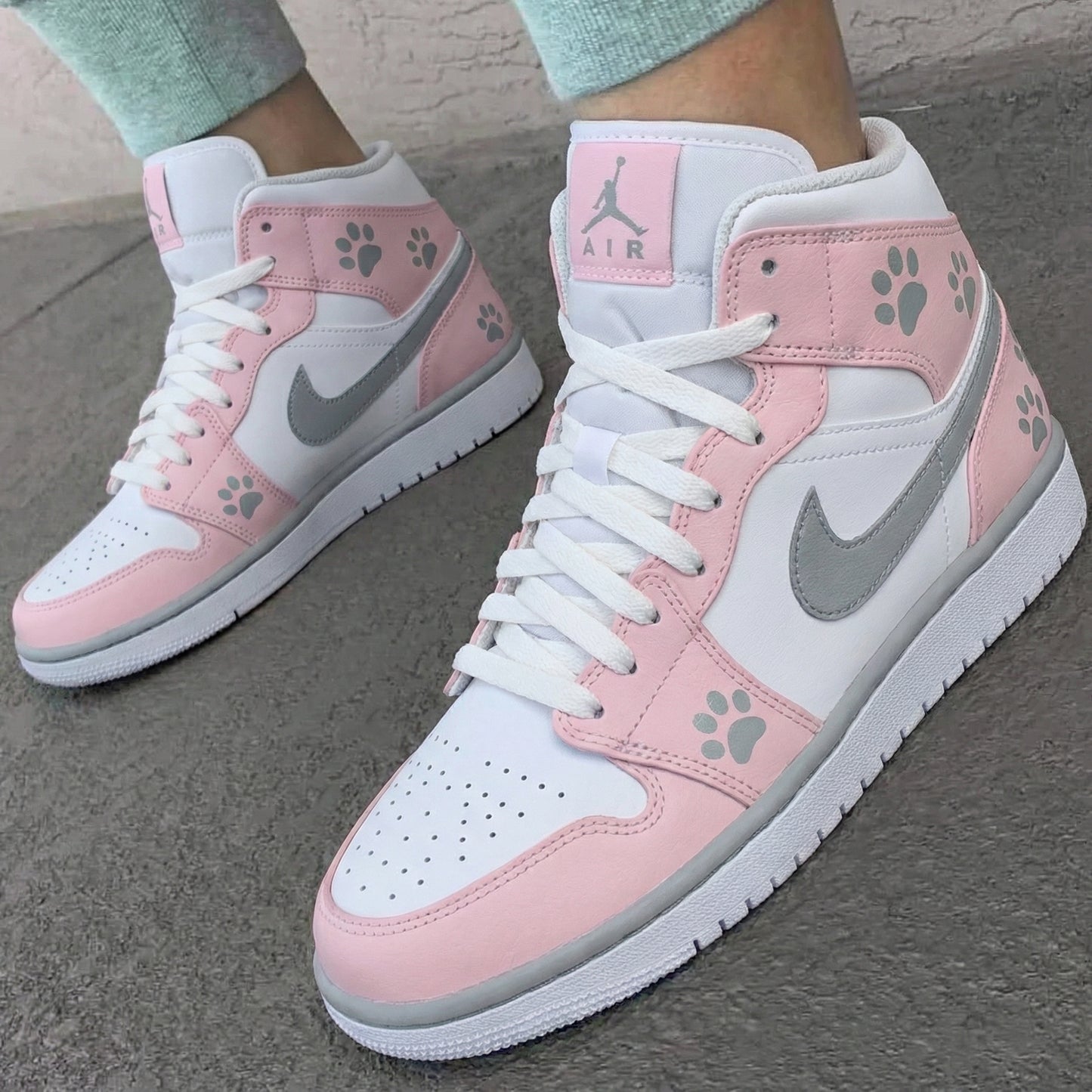 Baby Pink White Paw Print Custom AJ 1s Shoes