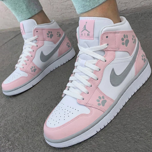 Baby Pink White Paw Print Custom AJ 1s Shoes