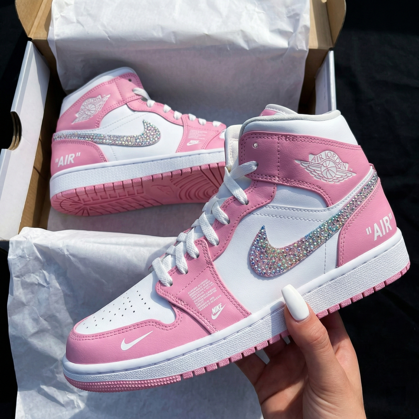 Baby Pink White Rhinestone Custom AJ 1s Shoes