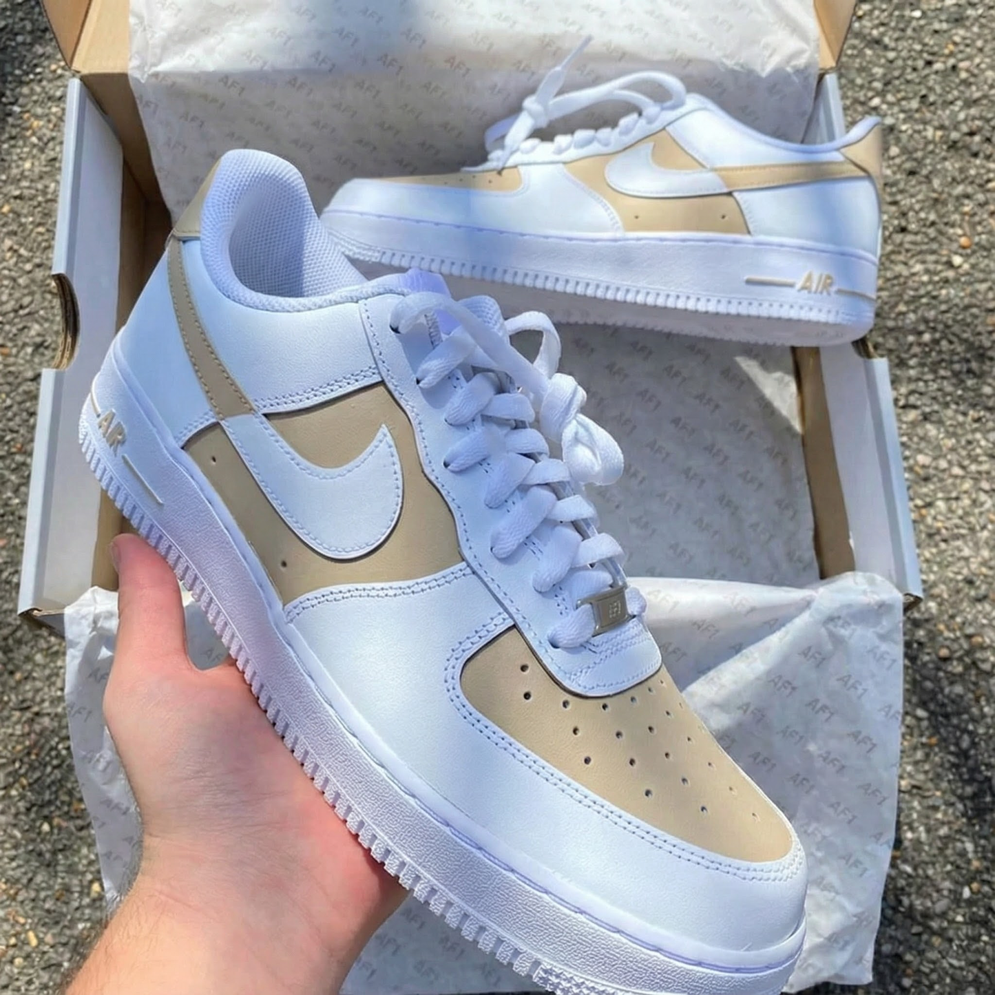 Beige and White Custom AF 1s Shoes