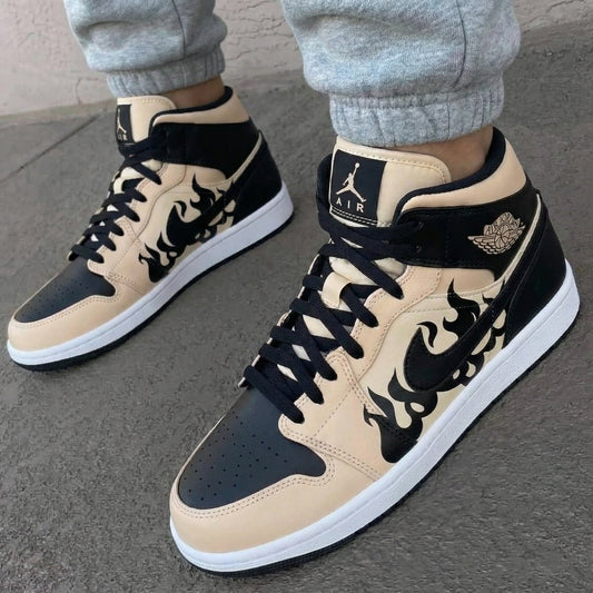 Beige Black Flame Custom AJ 1s Shoes