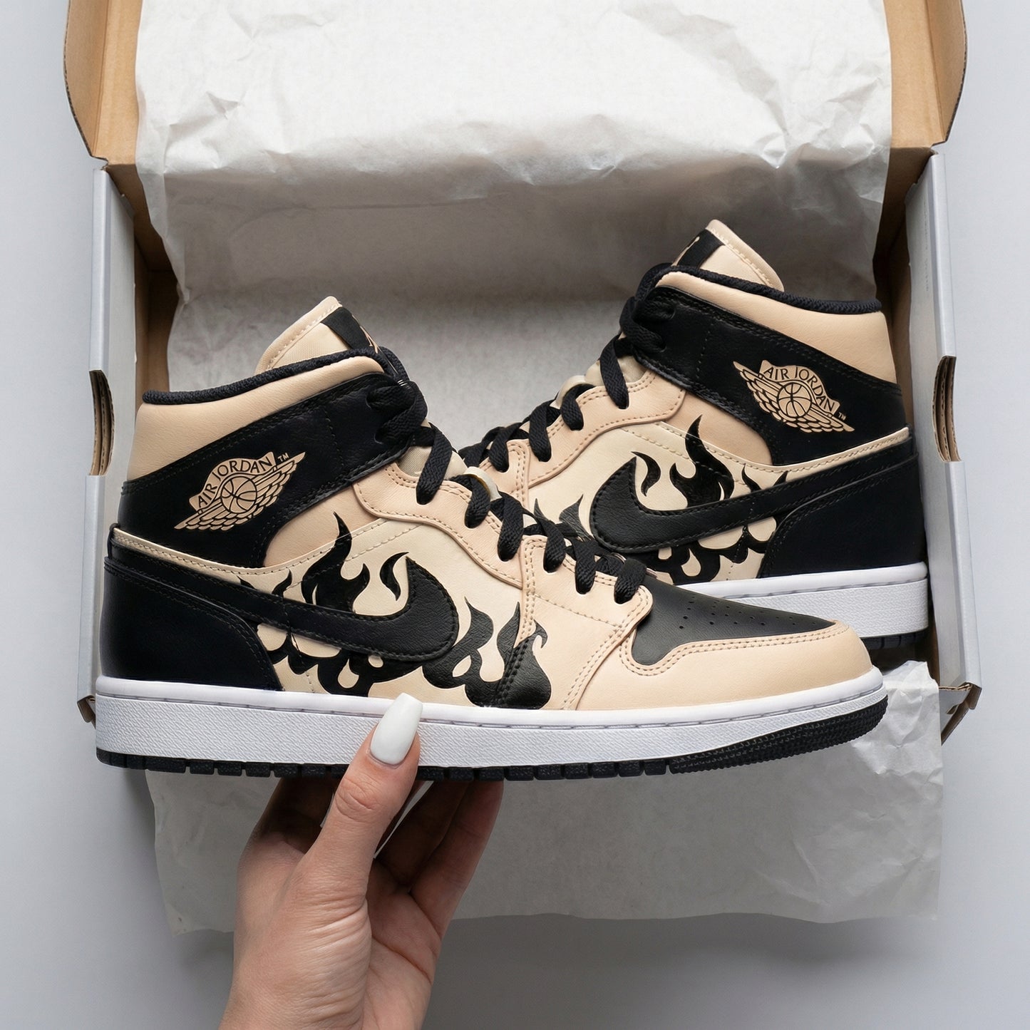 Beige Black Flame Custom AJ 1s Shoes