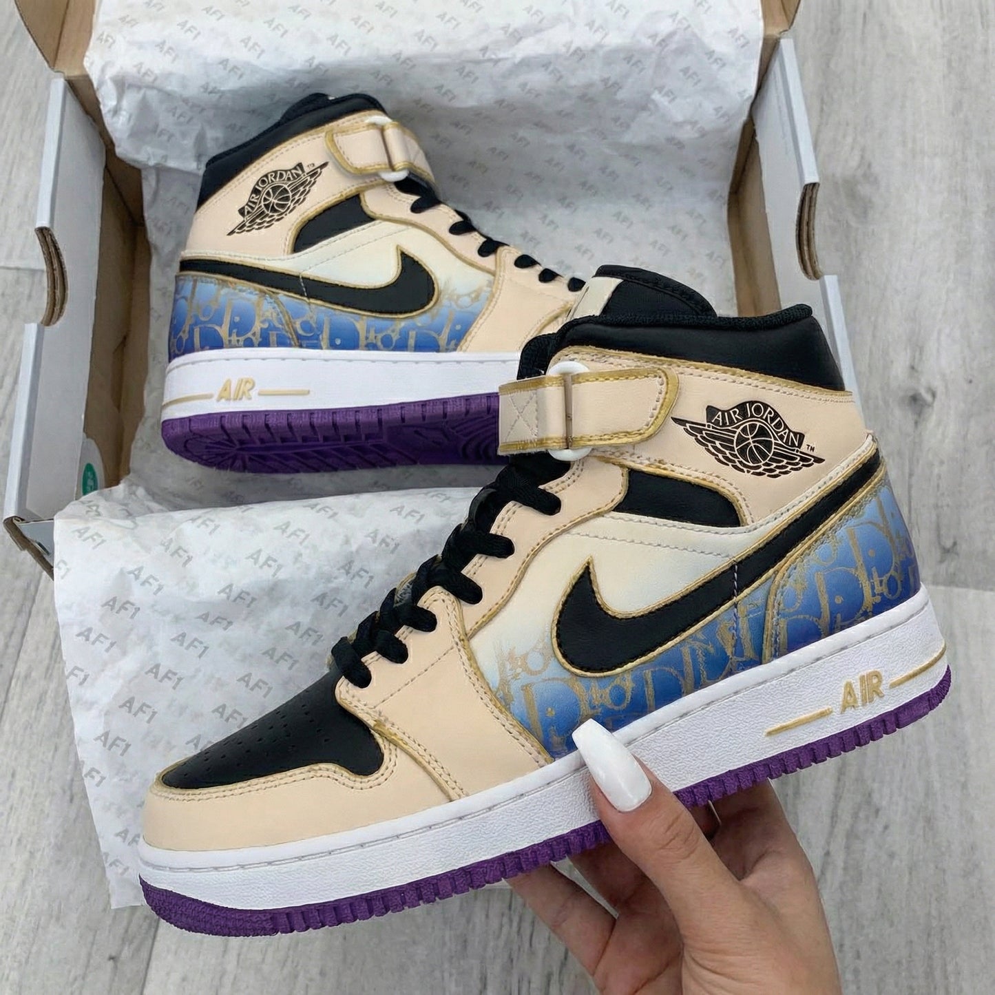 Beige Black  Pattern Custom AJ 1s Shoes