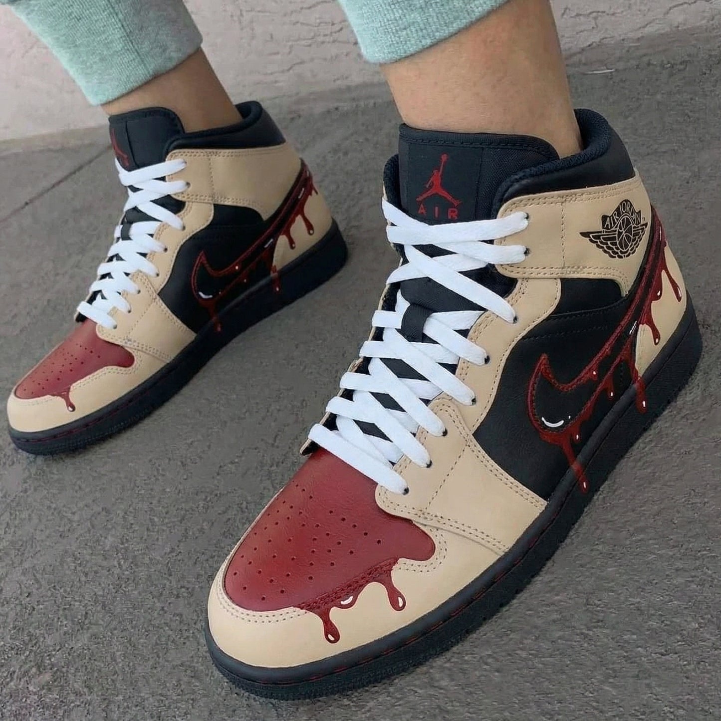Beige Black Red Drip Custom AJ 1s Shoes