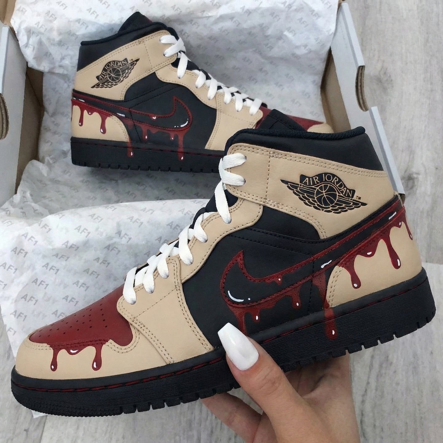 Beige Black Red Drip Custom AJ 1s Shoes