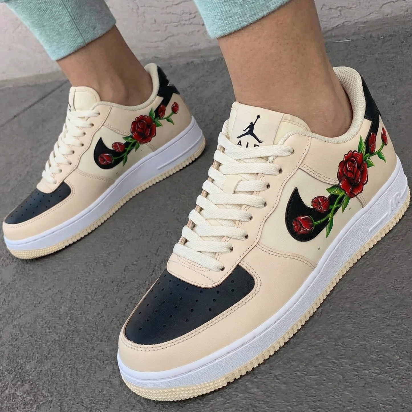 Beige Black Rose Custom AF 1s Shoes