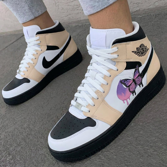 Beige Black White Butterfly Custom AF 1s Shoes