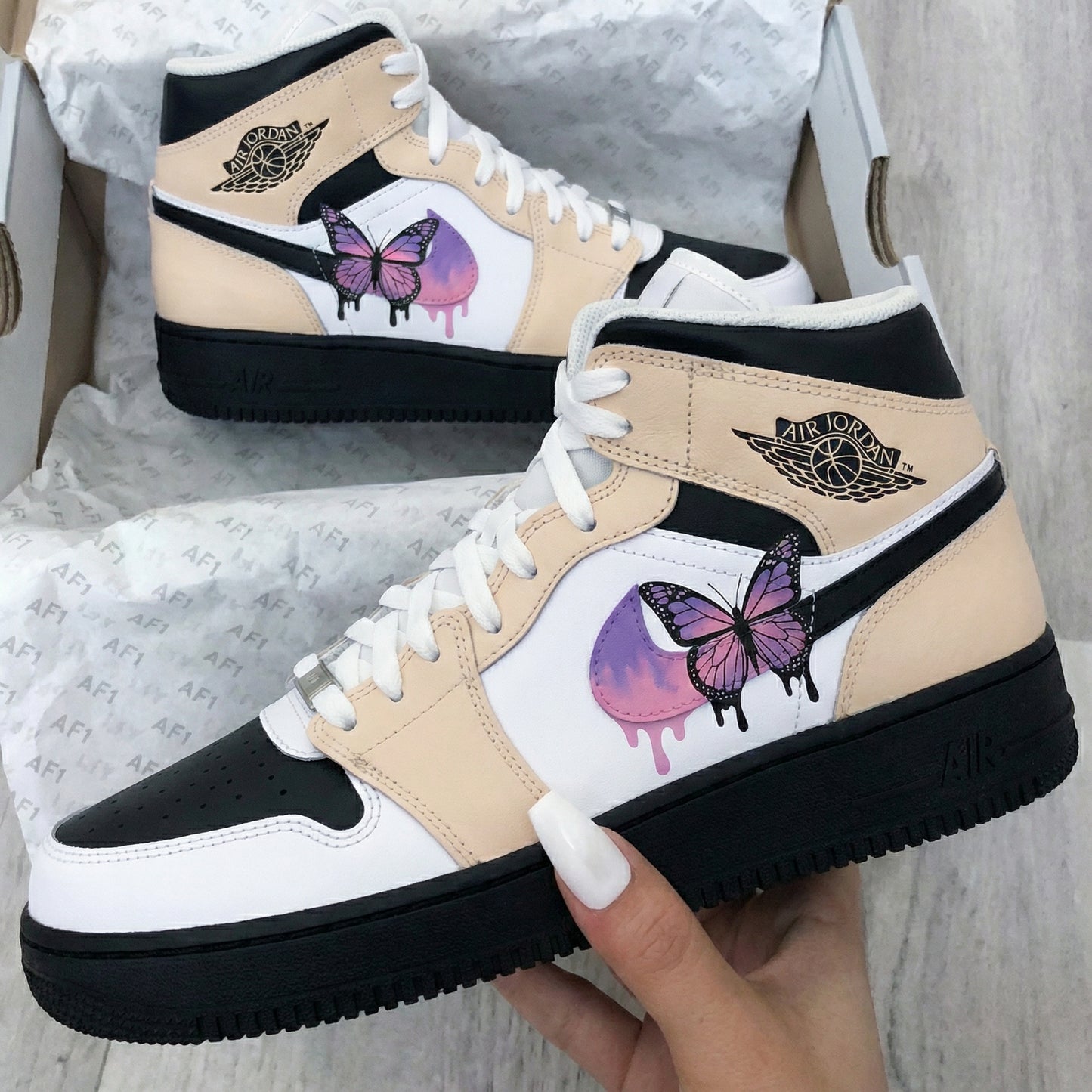 Beige Black White Butterfly Custom AF 1s Shoes