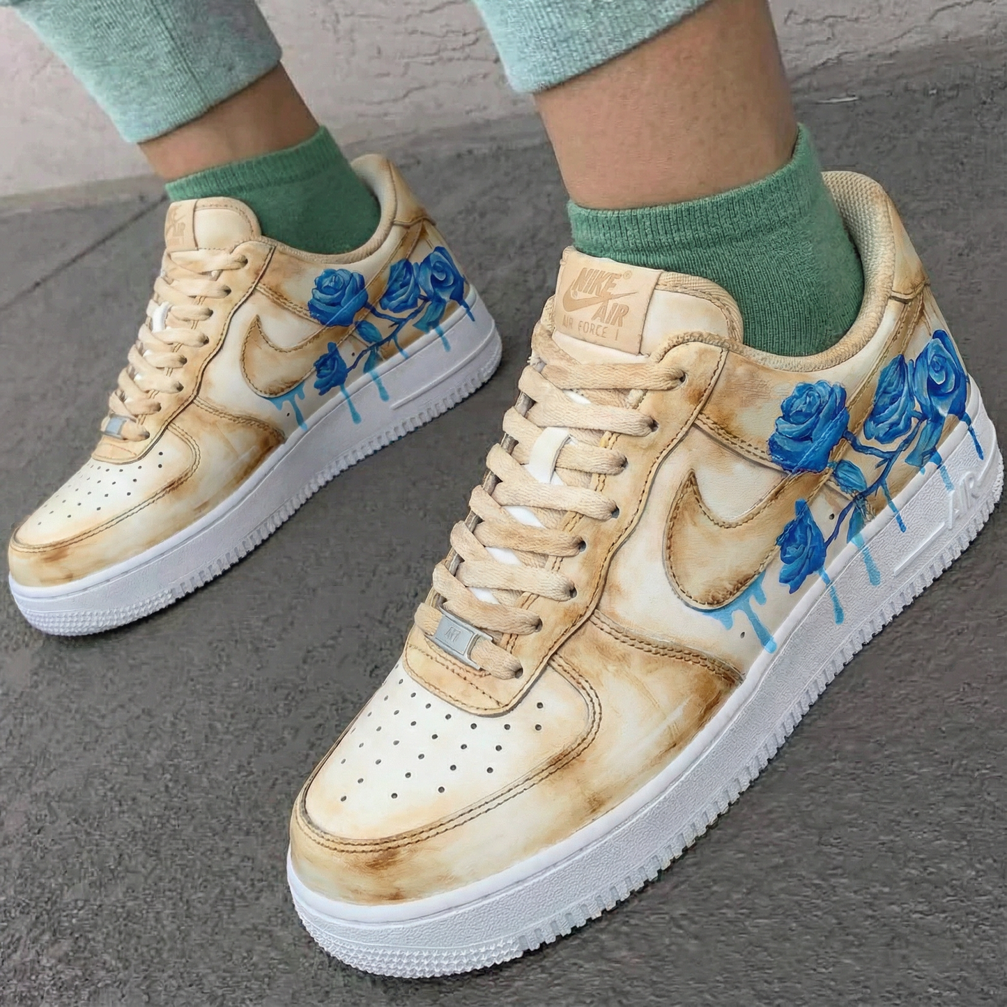Beige Blue Roses Custom AF 1s Shoes