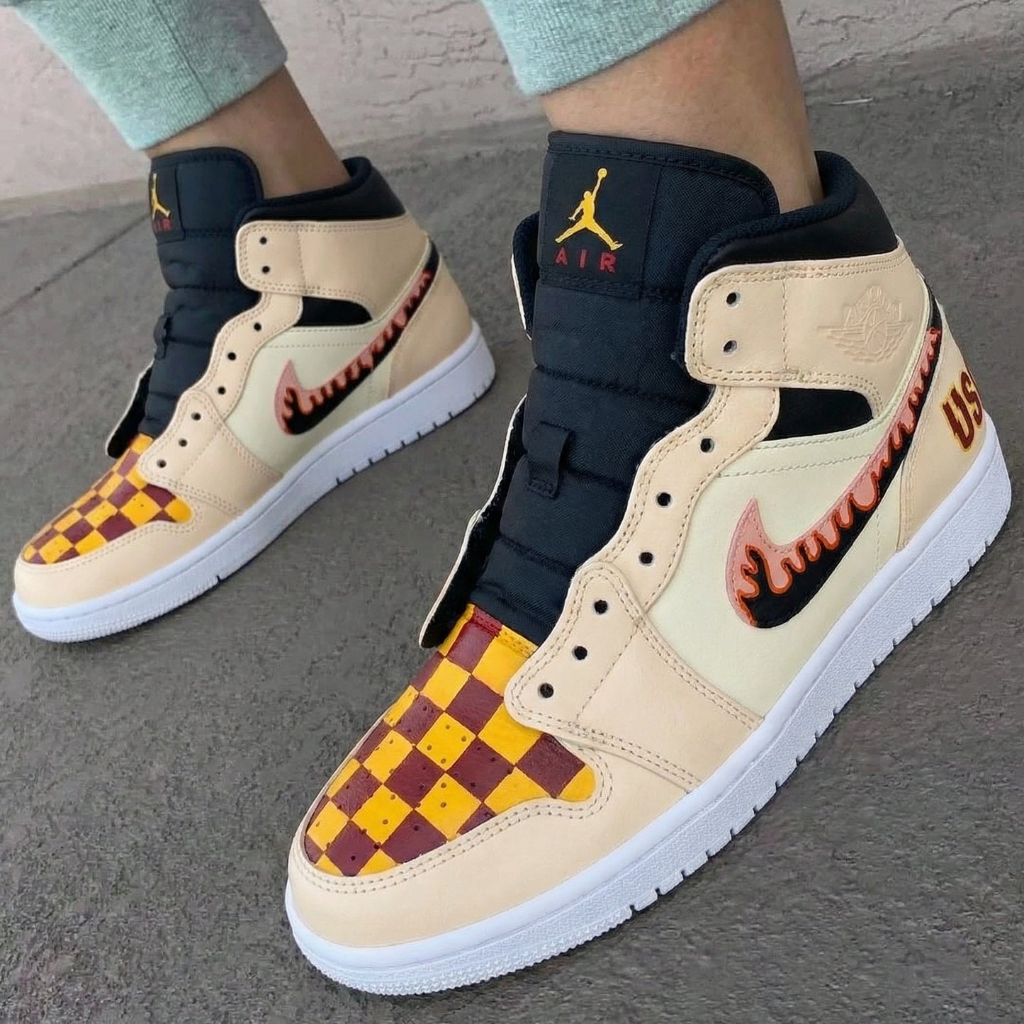 Beige Checkerboard Flame Custom AJ 1s Shoes