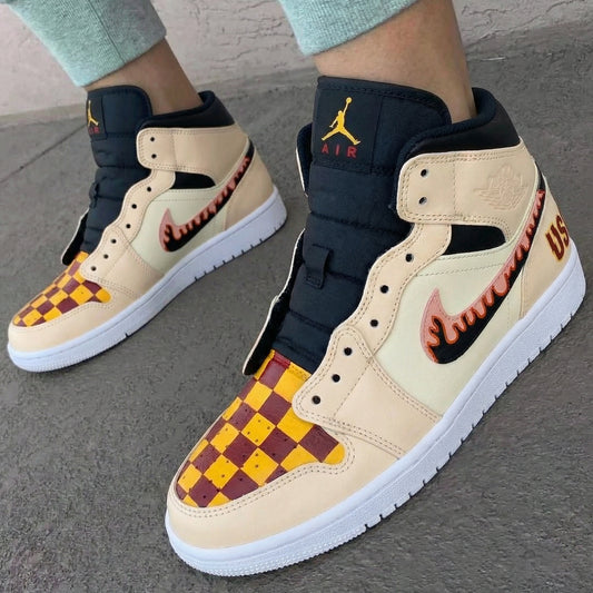 Beige Checkerboard Flame Custom AJ 1s Shoes