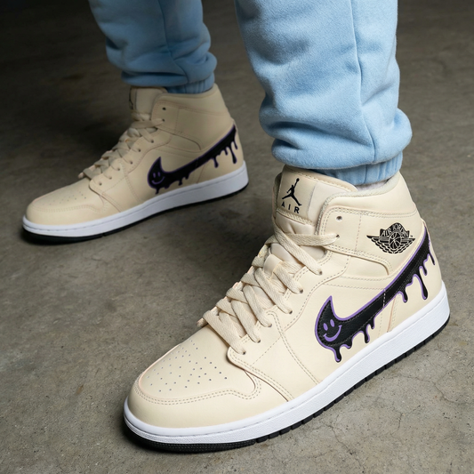 Beige Dripping Smiley Face Custom AJ 1s Shoes