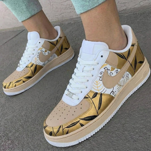 Beige Gold Leaf Pattern Custom AF 1s Shoes