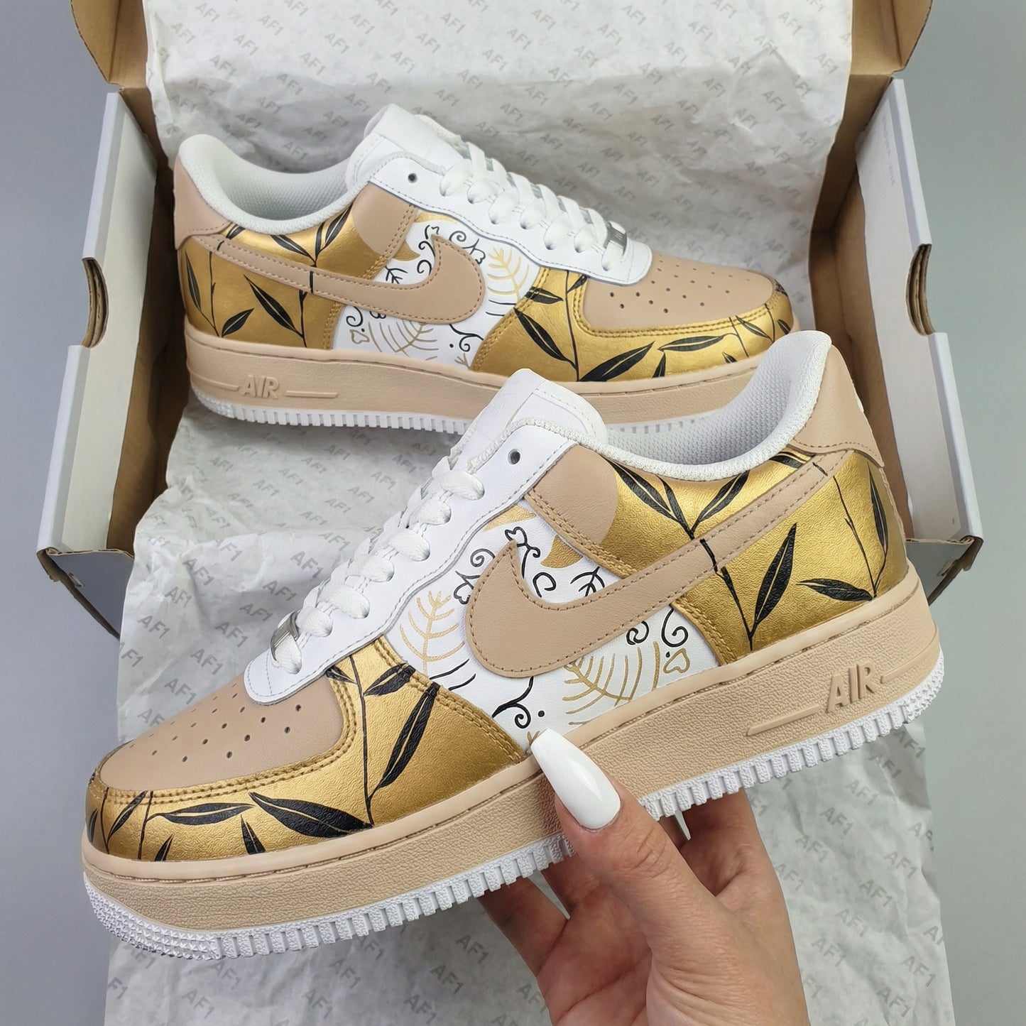 Beige Gold Leaf Pattern Custom AF 1s Shoes