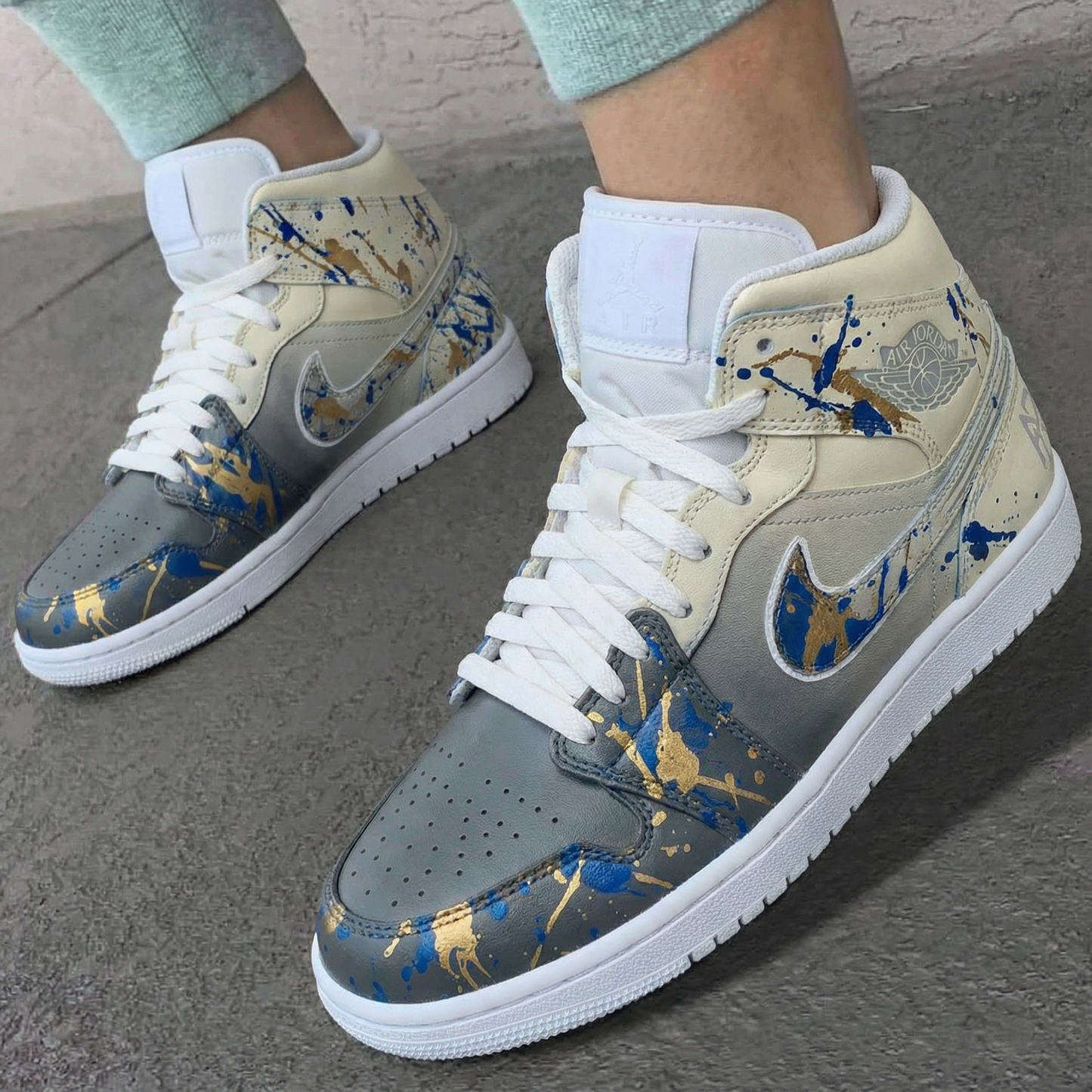 Beige Grey Splatter Custom AJ 1s Shoes