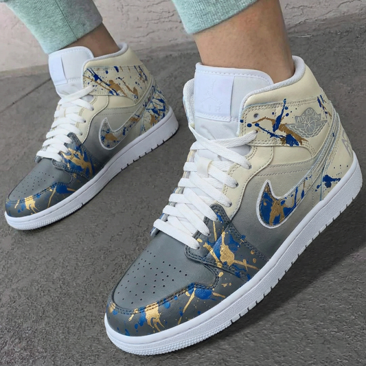 Beige Grey Splatter Custom AJ 1s Shoes