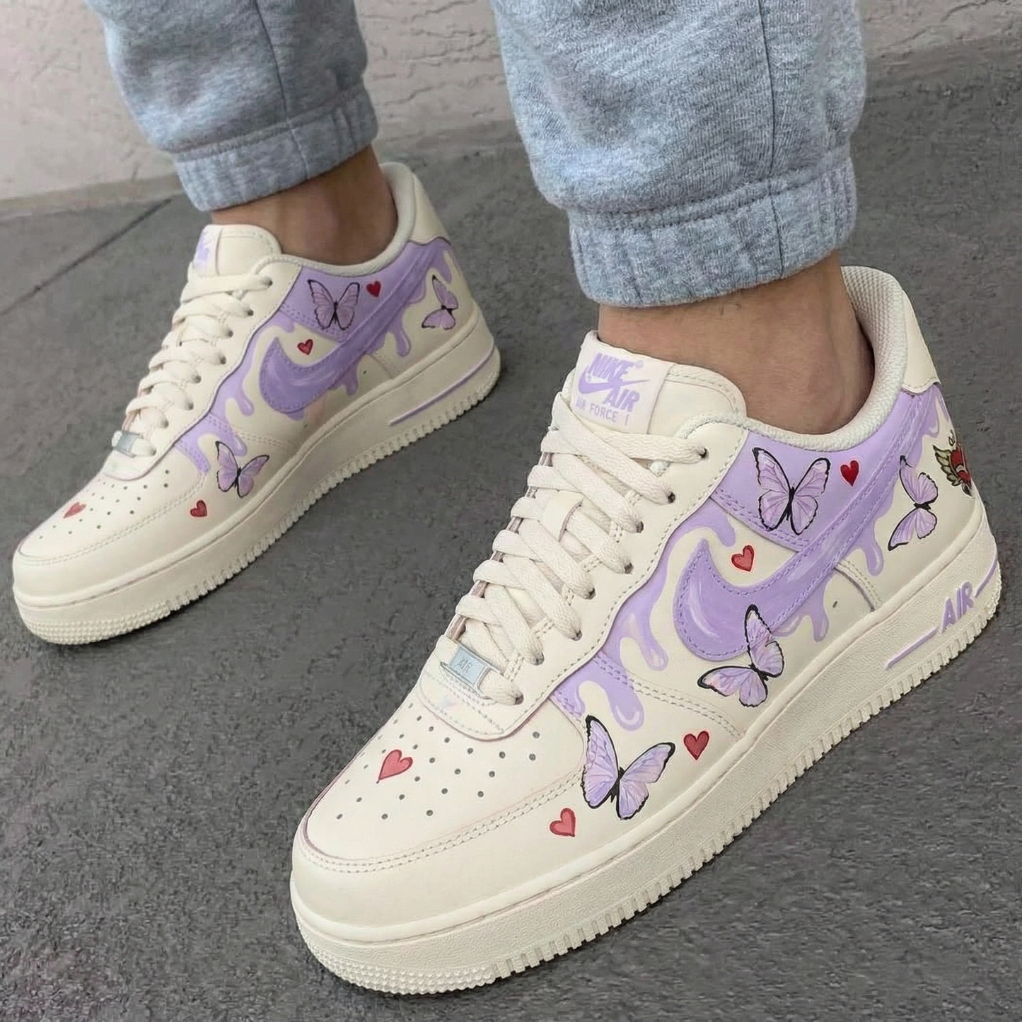Beige Purple Butterflies Hearts Custom AF 1s Shoes