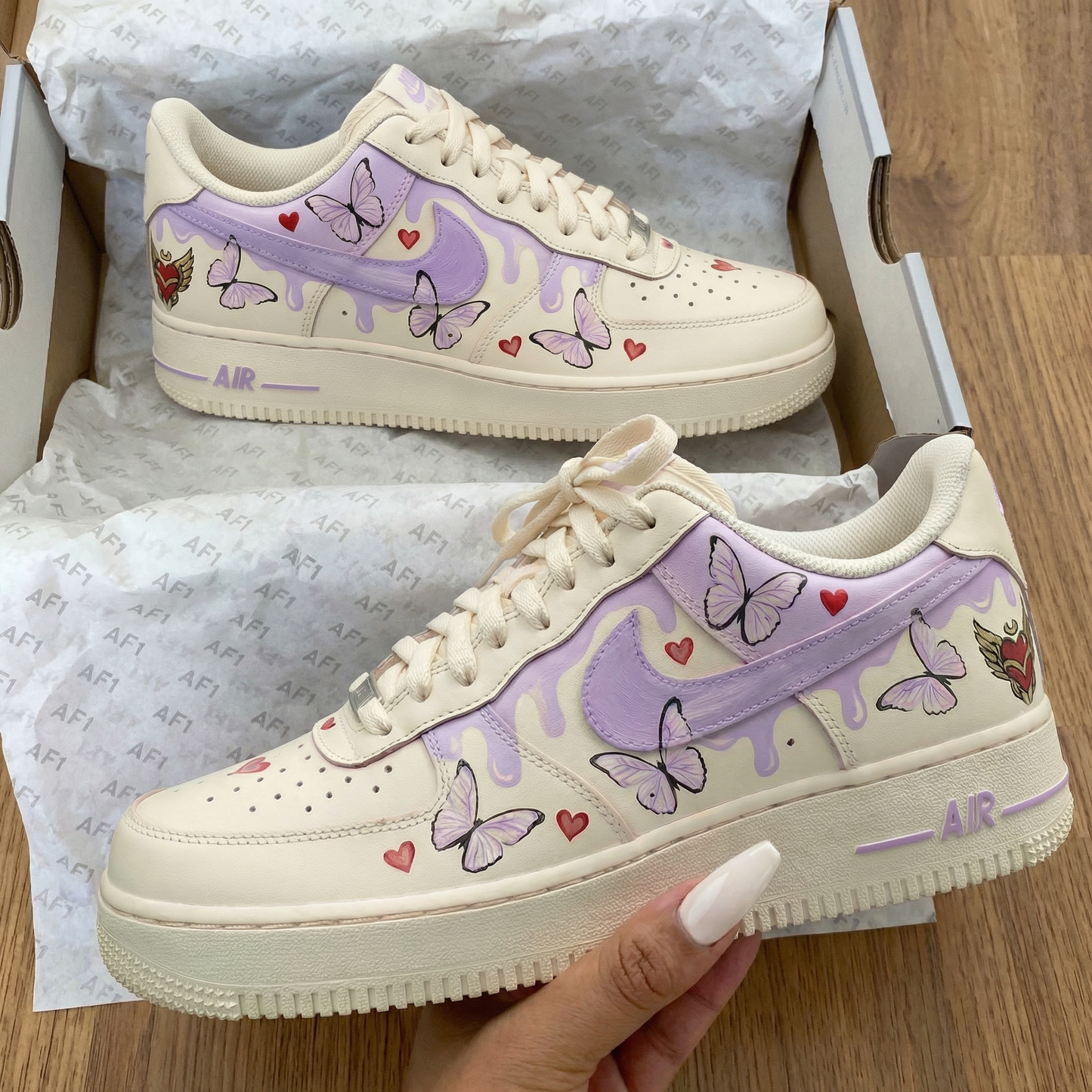 Beige Purple Butterflies Hearts Custom AF 1s Shoes