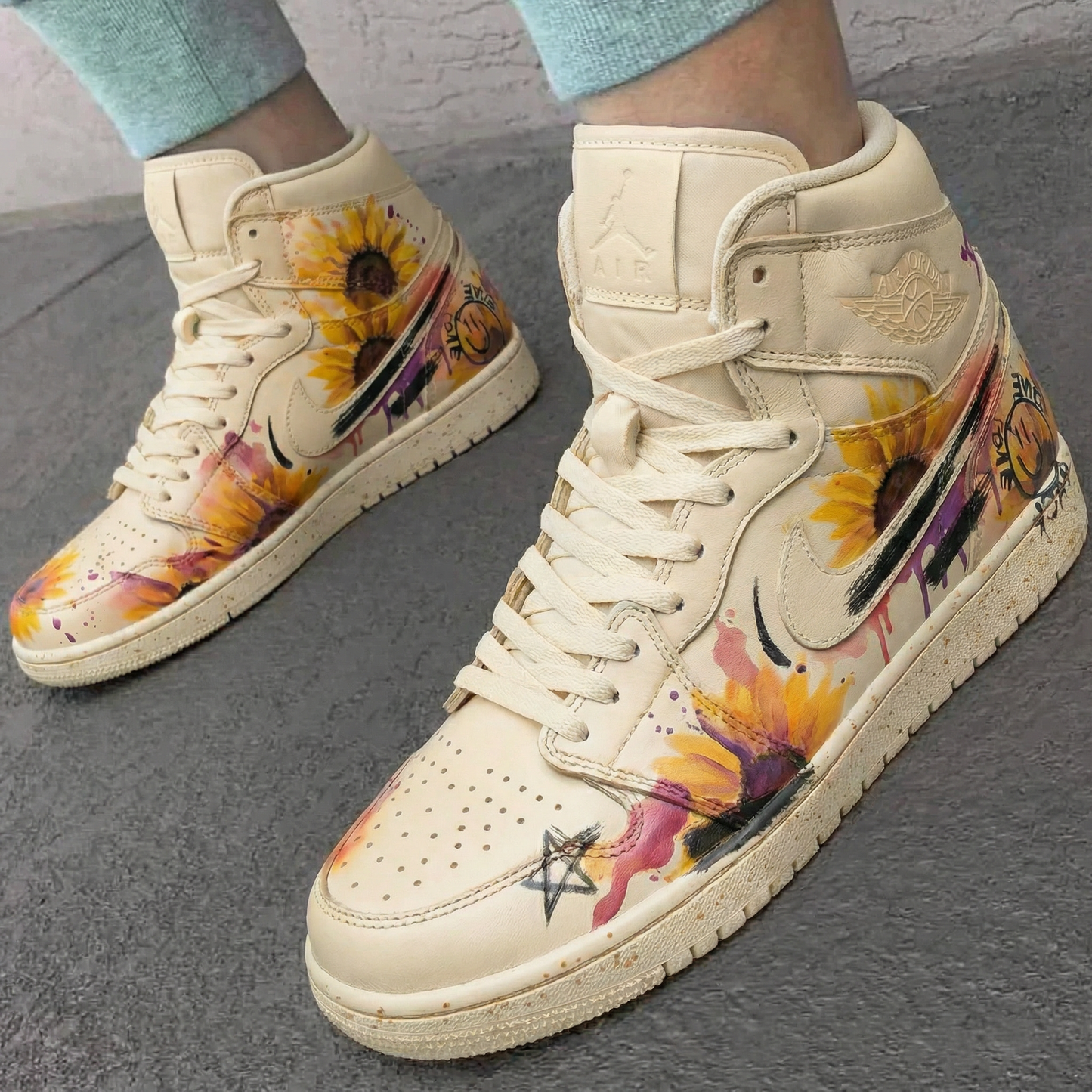 Beige Sunflower Custom AJ 1s Shoes