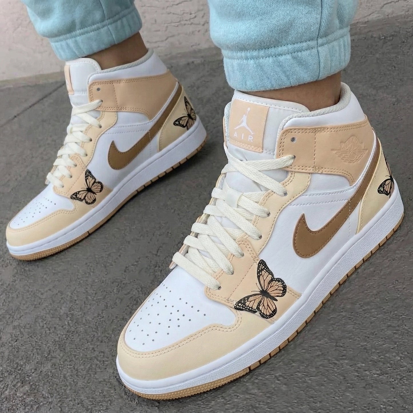 Beige White Butterflies Custom AJ 1s Shoes
