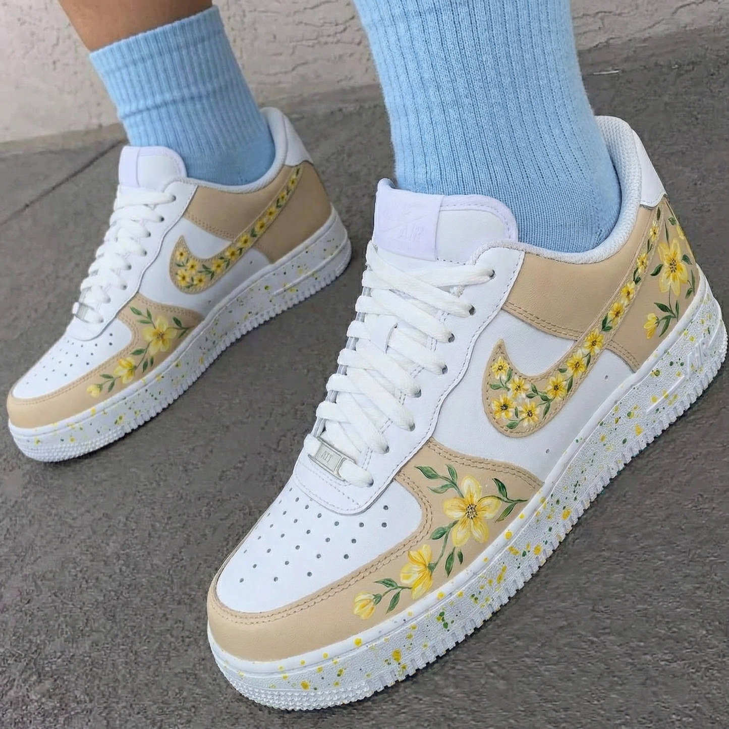 Beige Yellow Floral Custom AF 1s Shoes