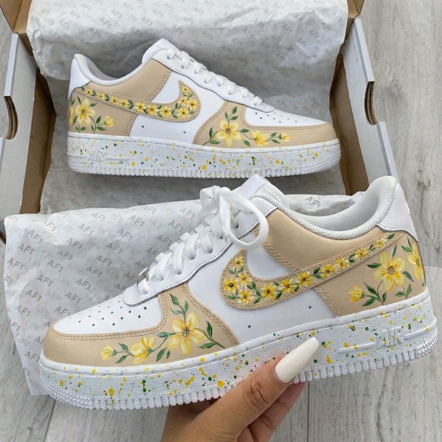 Beige Yellow Floral Custom AF 1s Shoes