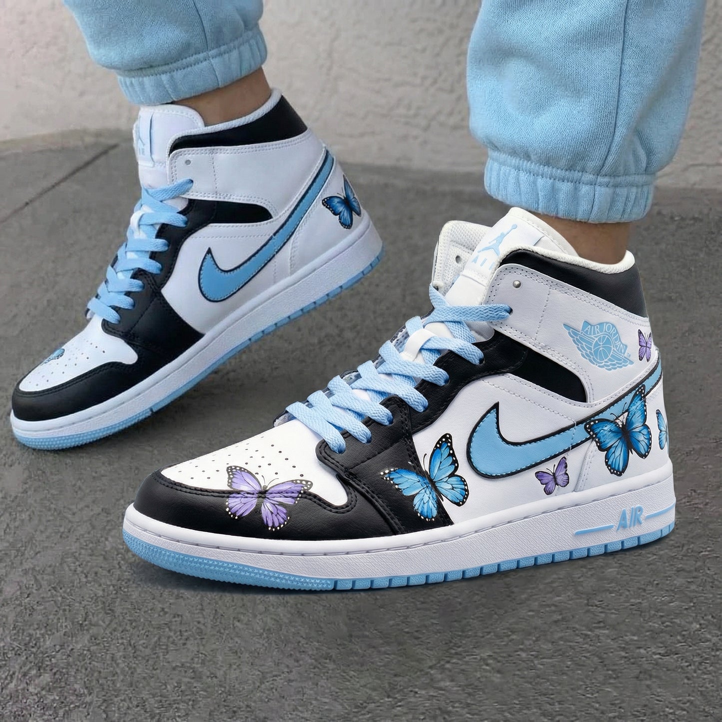 Black Baby Blue Butterflies Custom AJ 1s Shoes