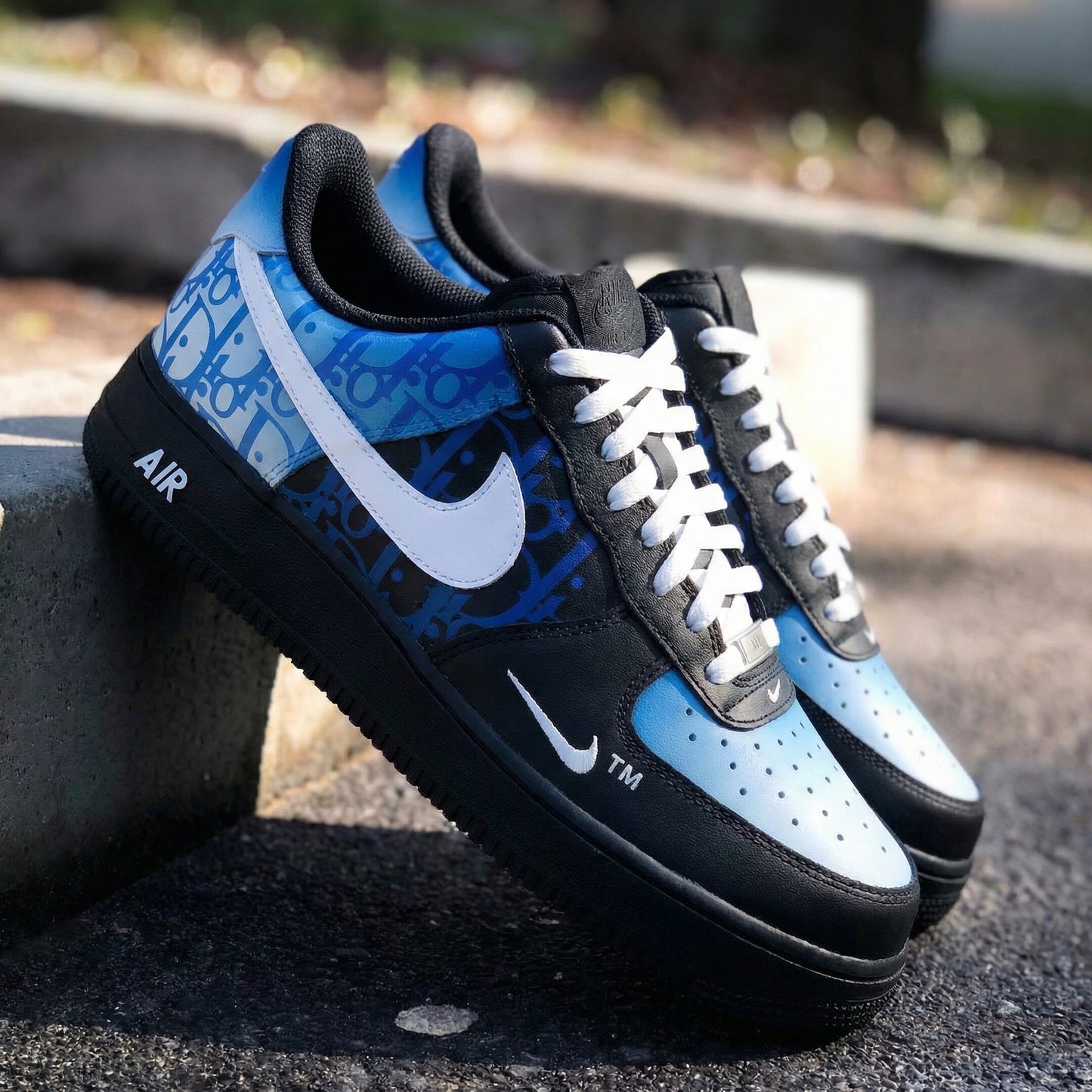 Black Baby Blue Monogram Custom AF 1s Shoes