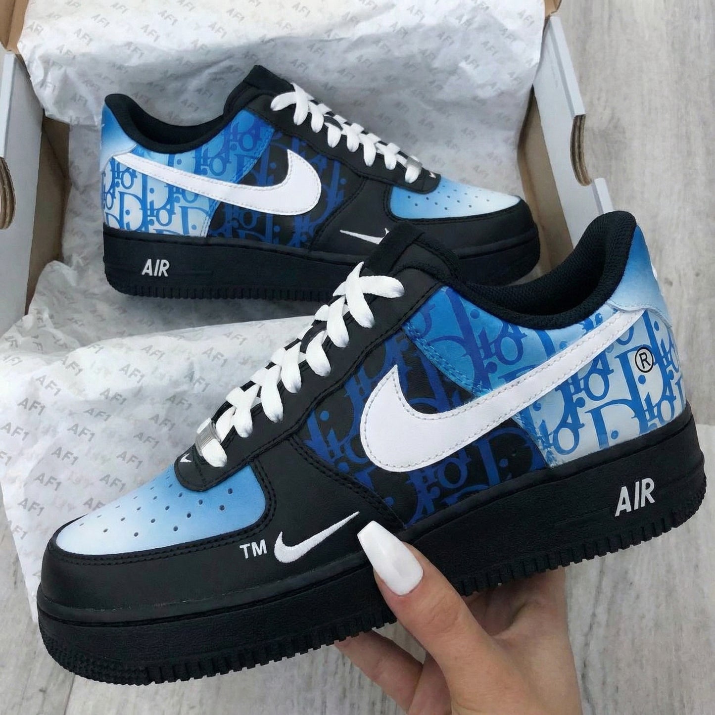 Black Baby Blue Monogram Custom AF 1s Shoes
