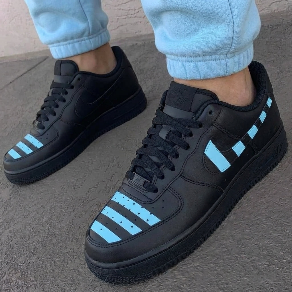 Black Baby Blue Stripes Custom AF 1s Shoes