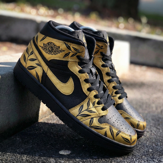 Black Gold Leaf Pattern Custom AJ 1s Shoes