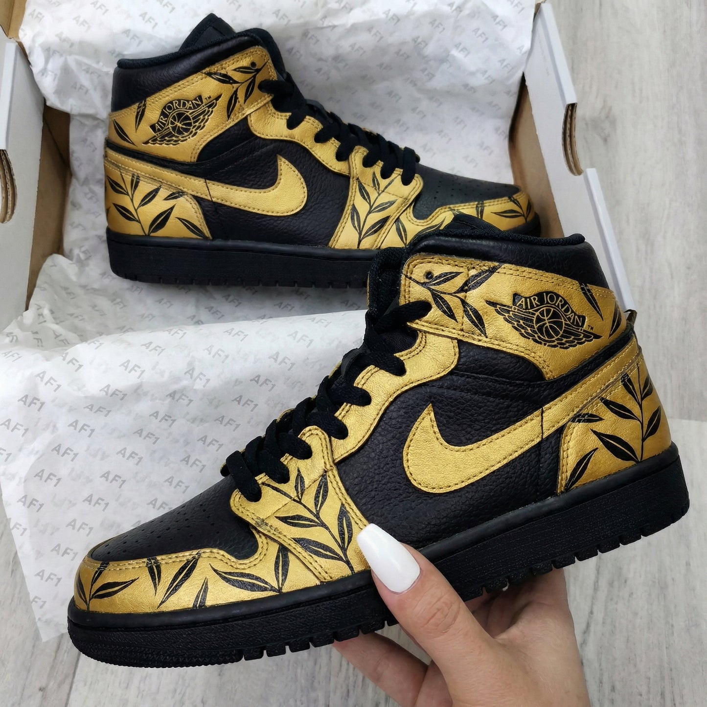 Black Gold Leaf Pattern Custom AJ 1s Shoes