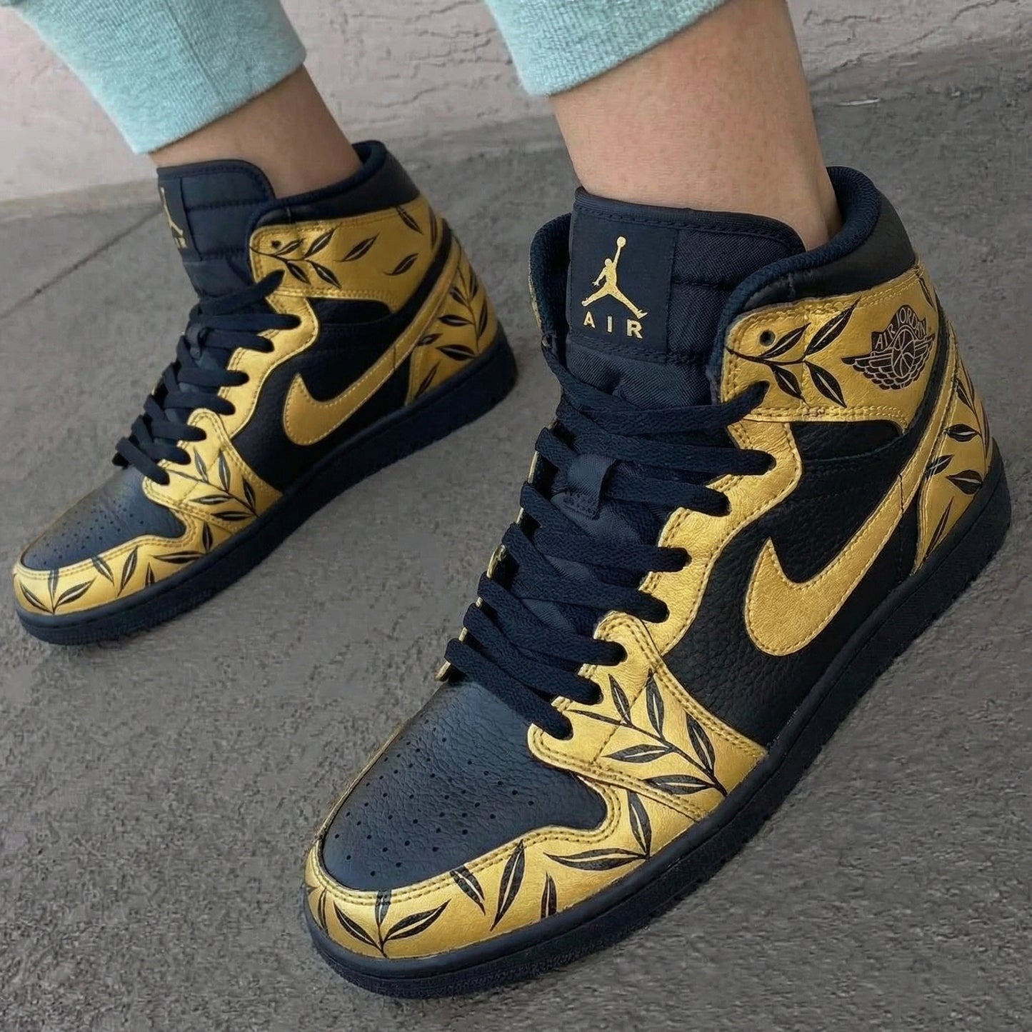Black Gold Leaf Pattern Custom AJ 1s Shoes