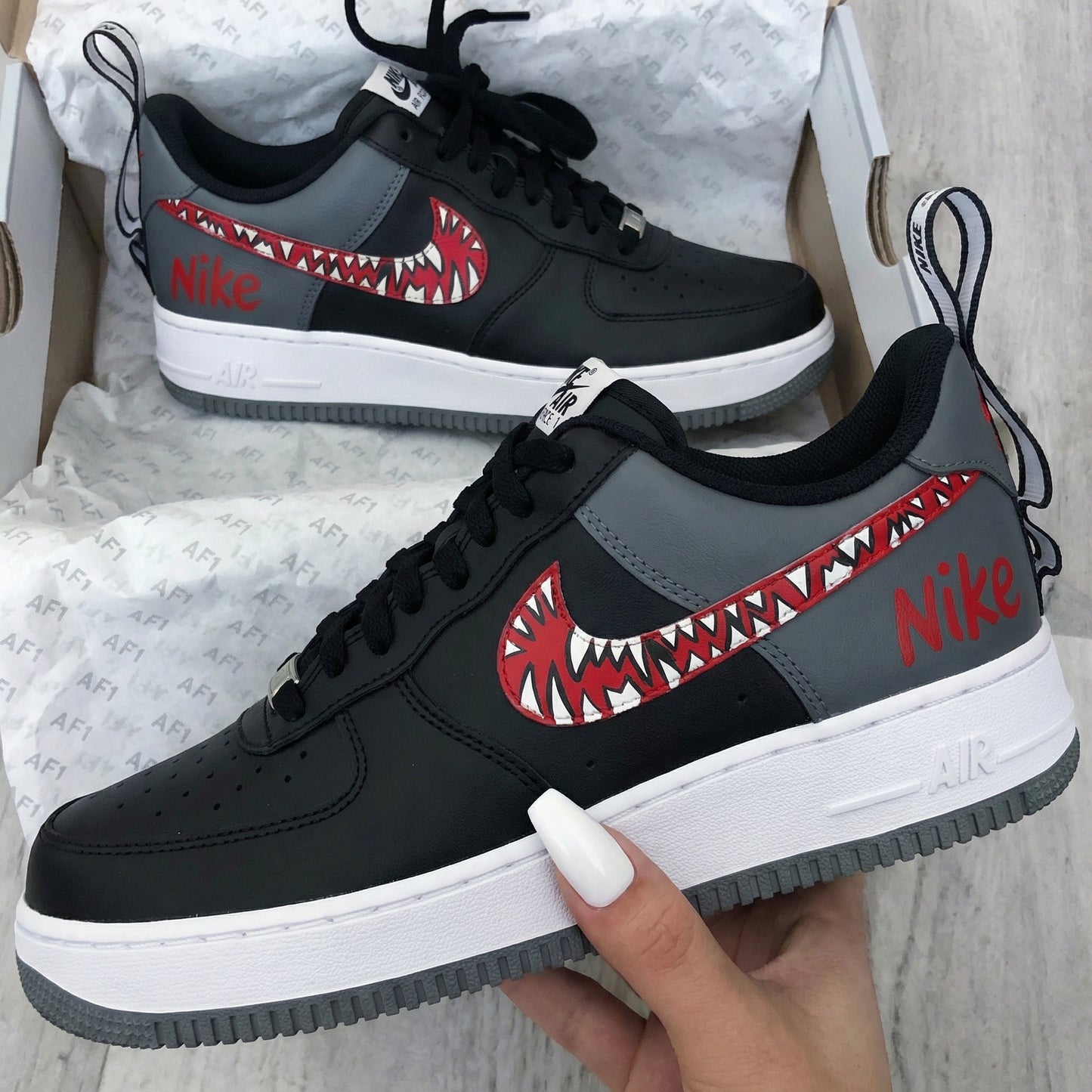 Black Gray Red Shark Teeth Custom AF 1s Shoes