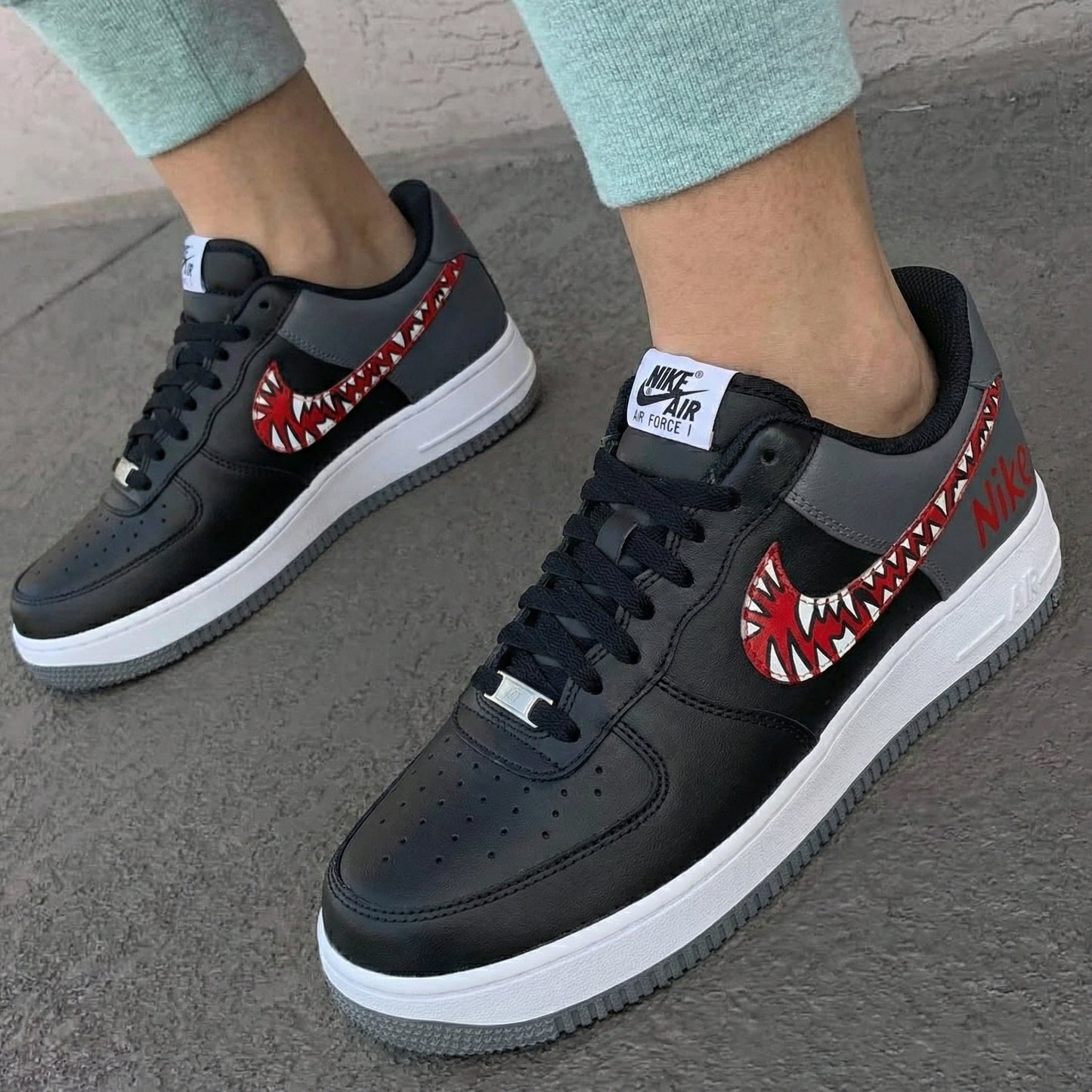 Black Gray Red Shark Teeth Custom AF 1s Shoes