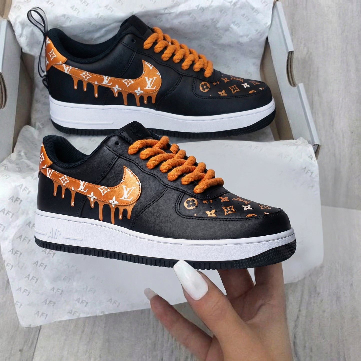 Black Orange LV Drip Custom AF 1s Shoes