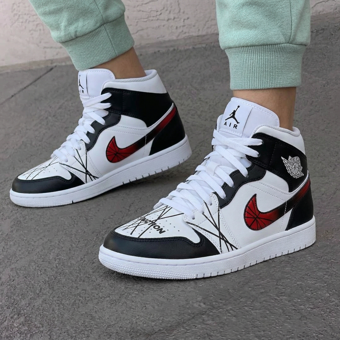 Black Red Crossed Lines Red Swoosh Custom AJ 1s Shoes