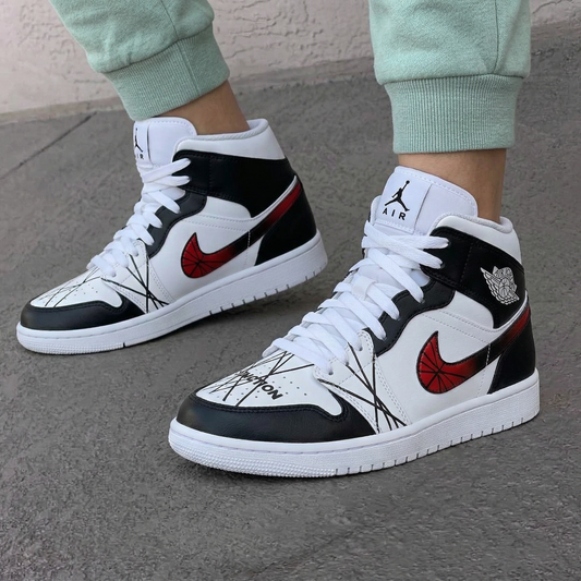Black Red Crossed Lines Red Swoosh Custom AJ 1s Shoes