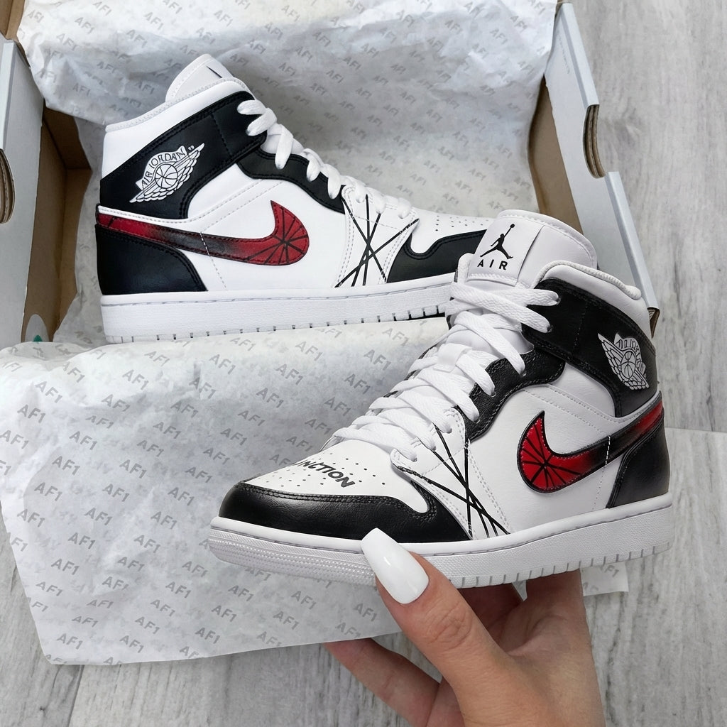 Black Red Crossed Lines Red Swoosh Custom AJ 1s Shoes
