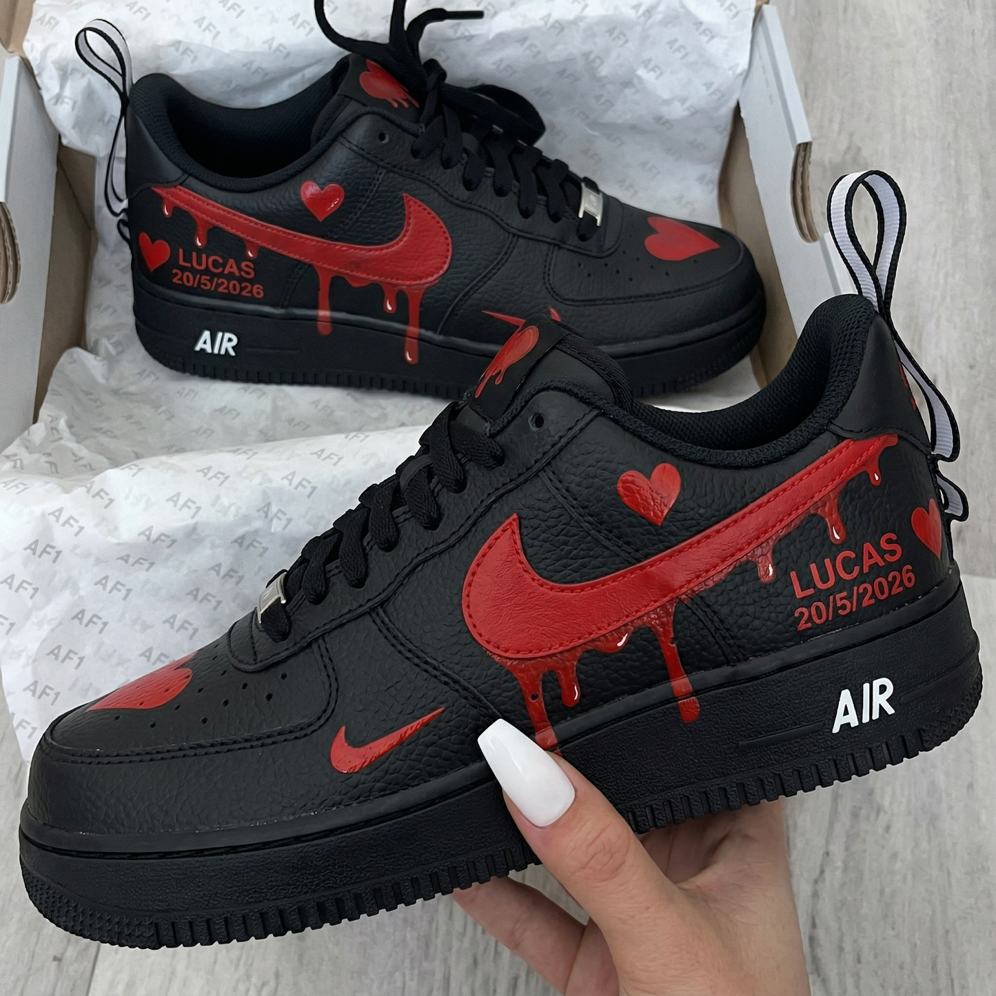 Black Red Hearts Drip Custom AF 1s Shoes