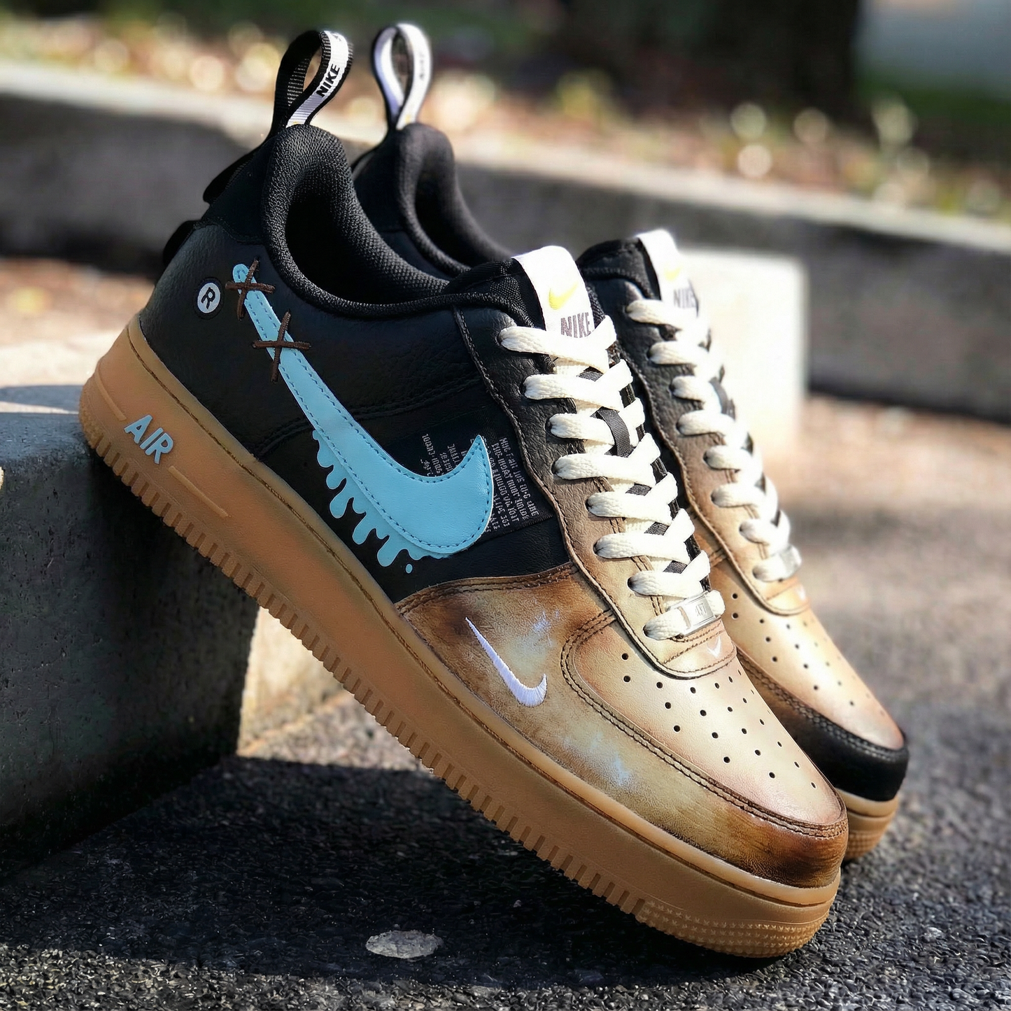 Black Tan Baby Blue Melted Swoosh Custom AF 1s Shoes