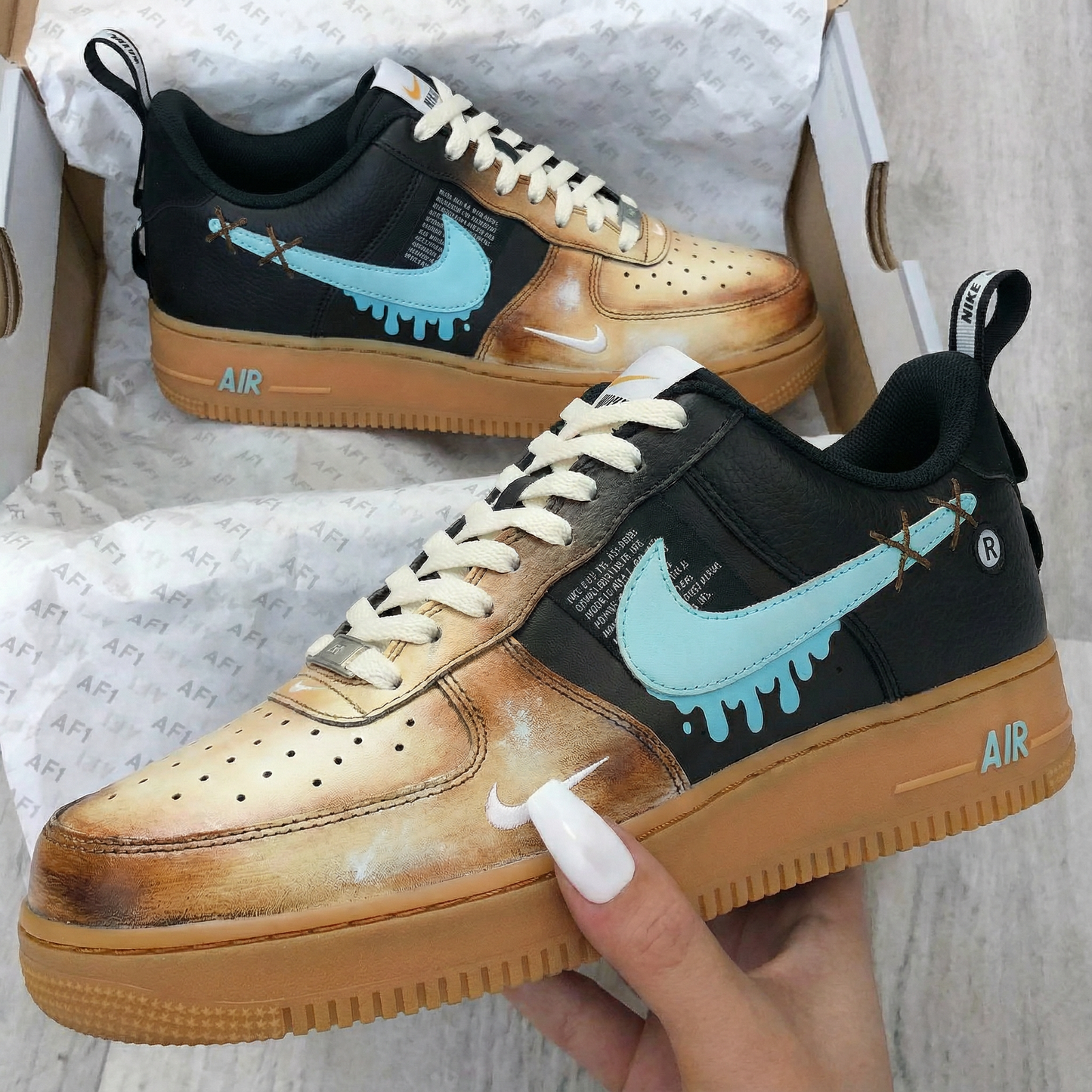 Black Tan Baby Blue Melted Swoosh Custom AF 1s Shoes