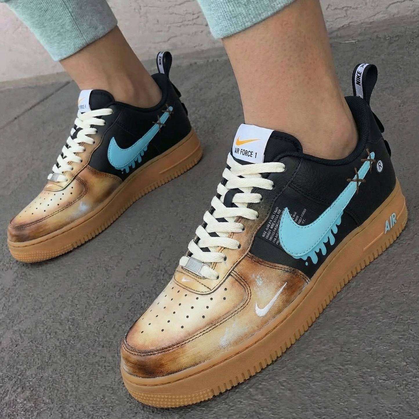 Black Tan Baby Blue Melted Swoosh Custom AF 1s Shoes